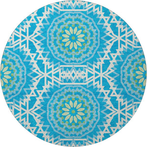 HomeRoots 8' Blue, Ivory & Olive Geometric Washable Round Rug - Durable, UV-Protected, Perfect for High-Traffic Areas! 652200