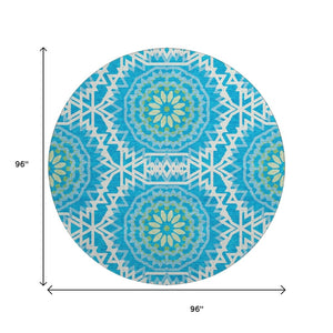 HomeRoots 8' Blue, Ivory & Olive Geometric Washable Round Rug - Durable, UV-Protected, Perfect for High-Traffic Areas! 652200