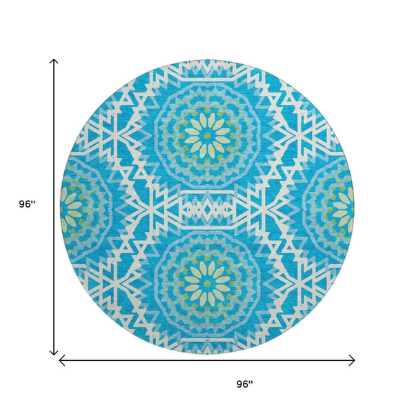HomeRoots 8' Blue, Ivory & Olive Geometric Washable Round Rug - Durable, UV-Protected, Perfect for High-Traffic Areas! 652200