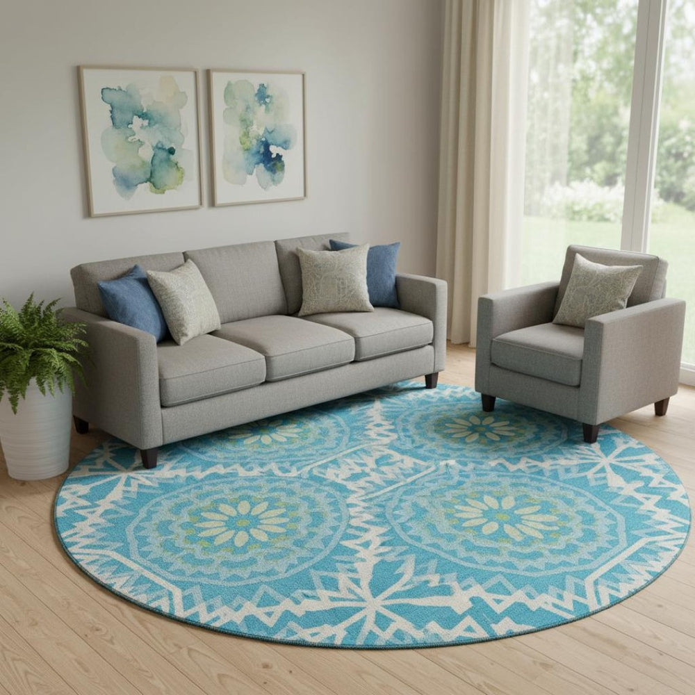 HomeRoots 8' Blue, Ivory & Olive Geometric Washable Round Rug - Durable, UV-Protected, Perfect for High-Traffic Areas! 652200