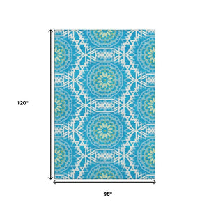 HomeRoots 8' X 10' Stylish Blue Ivory Olive Green Geometric Area Rug - Washable, UV Protected, Pet Friendly! 652201