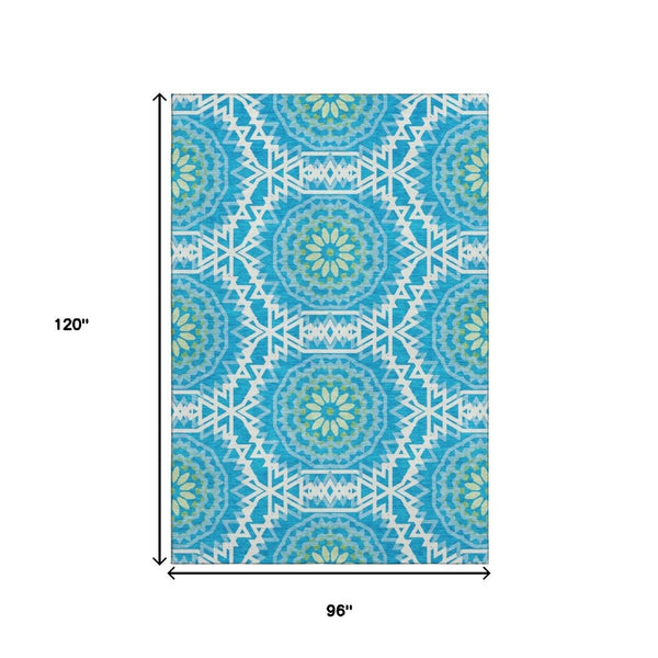HomeRoots 8' X 10' Stylish Blue Ivory Olive Green Geometric Area Rug - Washable, UV Protected, Pet Friendly! 652201