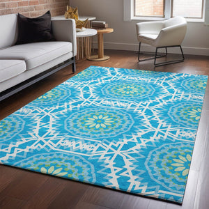 HomeRoots 8' X 10' Stylish Blue Ivory Olive Green Geometric Area Rug - Washable, UV Protected, Pet Friendly! 652201