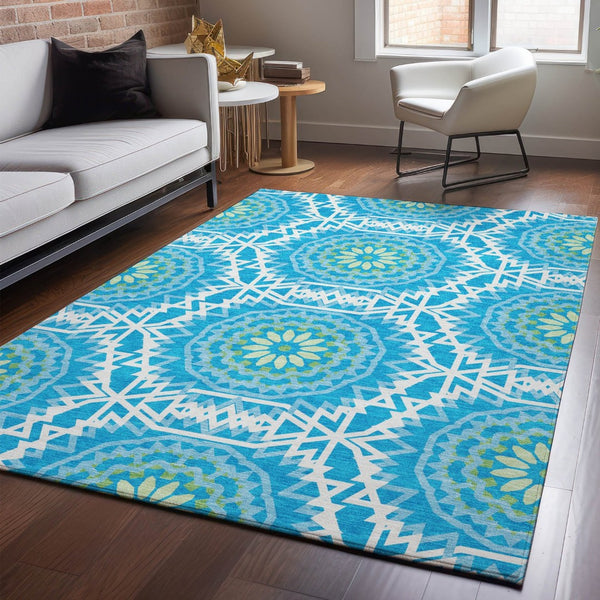 HomeRoots 8' X 10' Stylish Blue Ivory Olive Green Geometric Area Rug - Washable, UV Protected, Pet Friendly! 652201