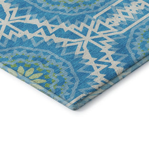HomeRoots 8' X 10' Stylish Blue Ivory Olive Green Geometric Area Rug - Washable, UV Protected, Pet Friendly! 652201