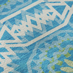 HomeRoots 8' X 10' Stylish Blue Ivory Olive Green Geometric Area Rug - Washable, UV Protected, Pet Friendly! 652201