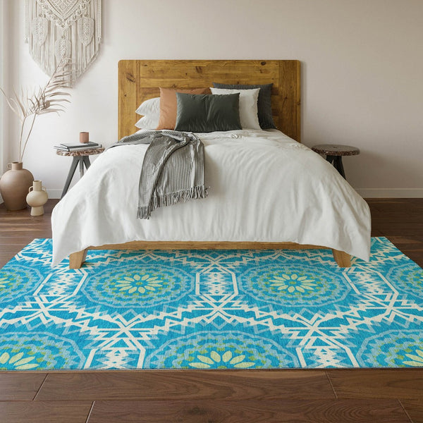 HomeRoots 8' X 10' Stylish Blue Ivory Olive Green Geometric Area Rug - Washable, UV Protected, Pet Friendly! 652201