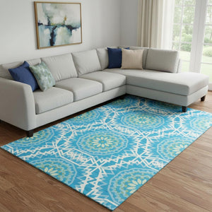 HomeRoots 8' X 10' Stylish Blue Ivory Olive Green Geometric Area Rug - Washable, UV Protected, Pet Friendly! 652201