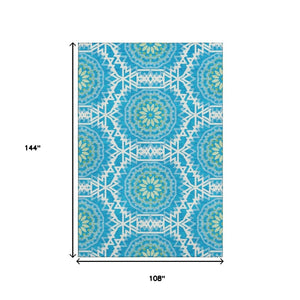 HomeRoots 9' X 12' Stylish Geometric Washable Area Rug in Blue, Ivory & Olive Green – UV Protected & Durable 652202