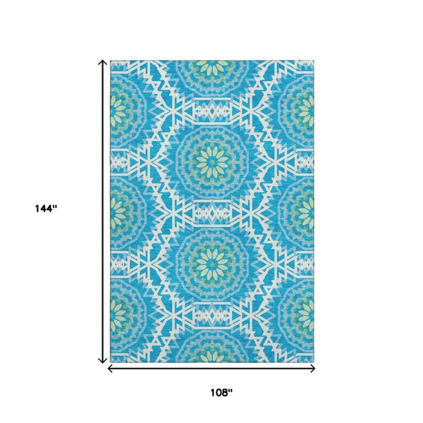 HomeRoots 9' X 12' Stylish Geometric Washable Area Rug in Blue, Ivory & Olive Green – UV Protected & Durable 652202