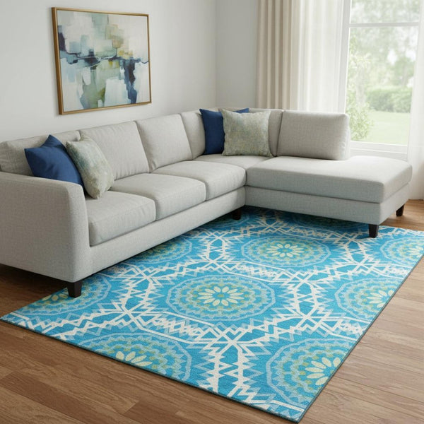 HomeRoots 9' X 12' Stylish Geometric Washable Area Rug in Blue, Ivory & Olive Green – UV Protected & Durable 652202