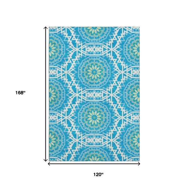 HomeRoots 10' Washable Geometric Area Rug in Blue, Ivory & Olive Green – UV Protected, Durable & Stylish Design 652203