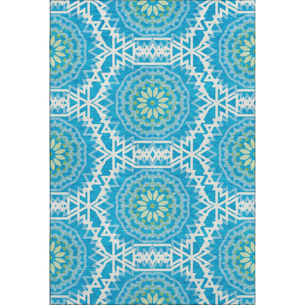 HomeRoots 10' Washable Geometric Area Rug in Blue, Ivory & Olive Green – UV Protected, Durable & Stylish Design 652203