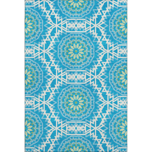 HomeRoots 10' Washable Geometric Area Rug in Blue, Ivory & Olive Green – UV Protected, Durable & Stylish Design 652203