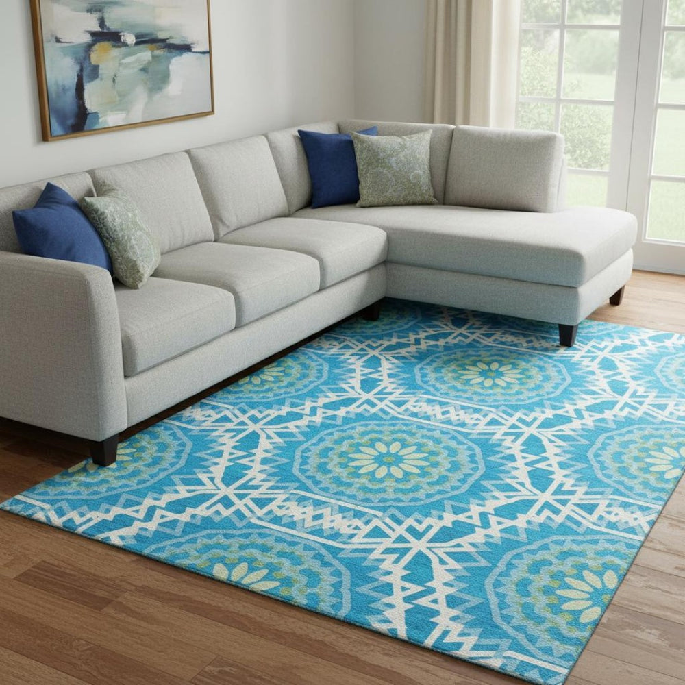 HomeRoots 10' Washable Geometric Area Rug in Blue, Ivory & Olive Green – UV Protected, Durable & Stylish Design 652203