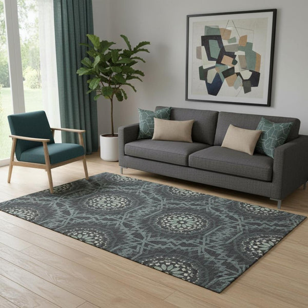 HomeRoots 5' X 8' Charcoal & Ivory Geometric Area Rug - Durable, Stain-Resistant with UV Protection for Style 652205