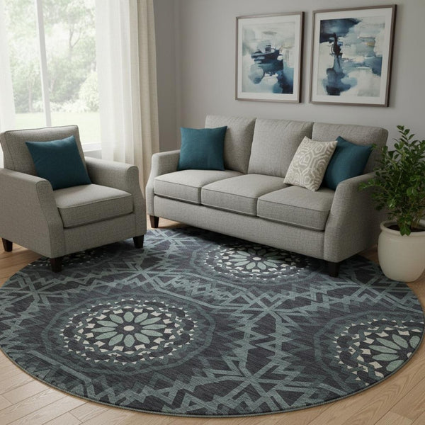 HomeRoots 8' Charcoal and Ivory Geometric Round Rug - Washable, UV Protected, Stylish & Durable for Any Space 652206