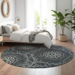HomeRoots 8' Charcoal and Ivory Geometric Round Rug - Washable, UV Protected, Stylish & Durable for Any Space 652206