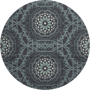HomeRoots 8' Charcoal and Ivory Geometric Round Rug - Washable, UV Protected, Stylish & Durable for Any Space 652206