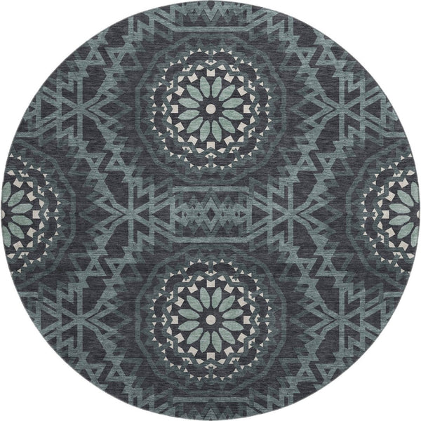 HomeRoots 8' Charcoal and Ivory Geometric Round Rug - Washable, UV Protected, Stylish & Durable for Any Space 652206