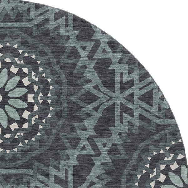HomeRoots 8' Charcoal and Ivory Geometric Round Rug - Washable, UV Protected, Stylish & Durable for Any Space 652206