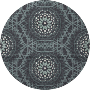 HomeRoots 8' Charcoal and Ivory Geometric Round Rug - Washable, UV Protected, Stylish & Durable for Any Space 652206