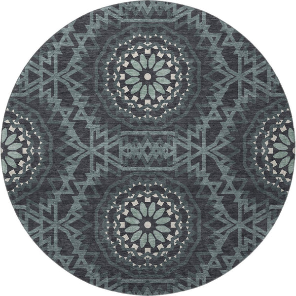 HomeRoots 8' Charcoal and Ivory Geometric Round Rug - Washable, UV Protected, Stylish & Durable for Any Space 652206