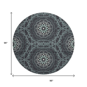 HomeRoots 8' Charcoal and Ivory Geometric Round Rug - Washable, UV Protected, Stylish & Durable for Any Space 652206