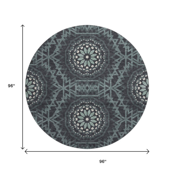 HomeRoots 8' Charcoal and Ivory Geometric Round Rug - Washable, UV Protected, Stylish & Durable for Any Space 652206