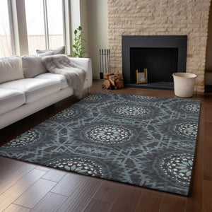 HomeRoots 8' X 10' Charcoal & Ivory Geometric Area Rug – Washable, UV-Protected, Durable for Modern Homes 652207