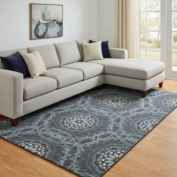 HomeRoots 9' X 12' Charcoal Ivory Geometric Area Rug - Washable, UV Protected, Stain Resistant for Modern Homes 652208