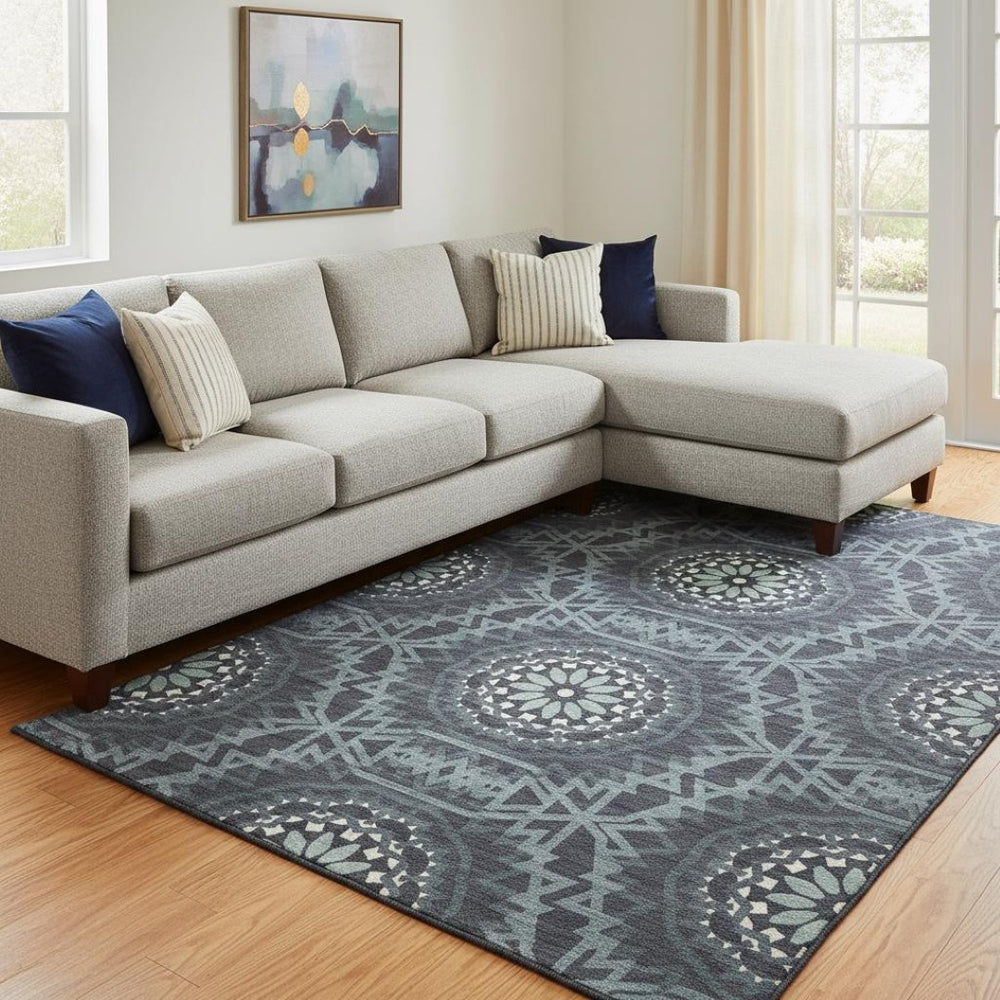 HomeRoots 10' Charcoal and Ivory Geometric Area Rug - Washable, UV-Protected, Stain-Resistant for Modern Homes 652209