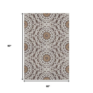 HomeRoots 5' Chocolate and Ivory Geometric Area Rug – Washable, UV-Protected, Perfect for Busy Homes! 652211