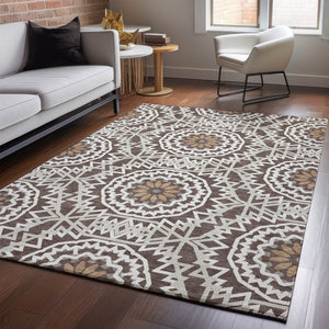 HomeRoots 5' Chocolate and Ivory Geometric Area Rug – Washable, UV-Protected, Perfect for Busy Homes! 652211