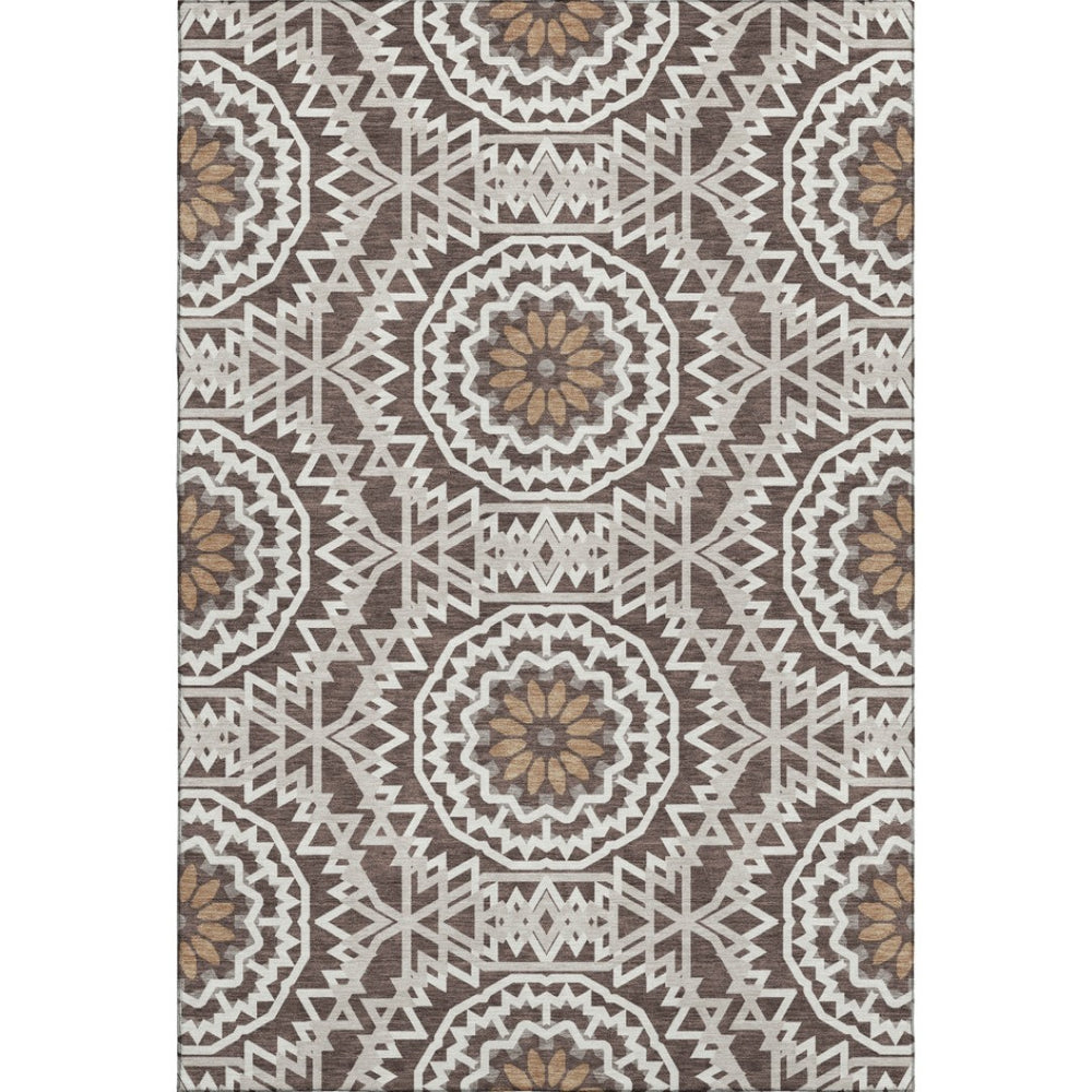 HomeRoots 5' Chocolate and Ivory Geometric Area Rug – Washable, UV-Protected, Perfect for Busy Homes! 652211
