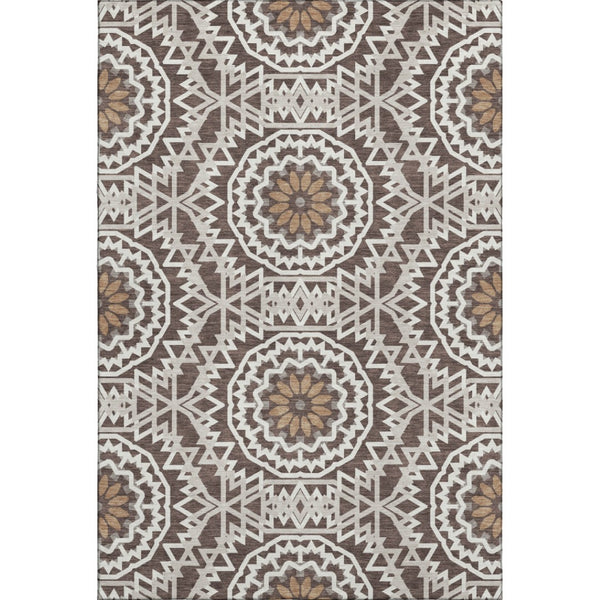 HomeRoots 5' Chocolate and Ivory Geometric Area Rug – Washable, UV-Protected, Perfect for Busy Homes! 652211