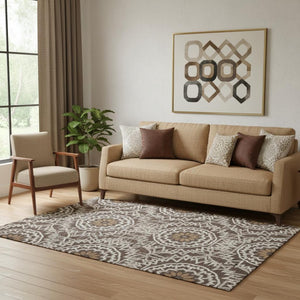 HomeRoots 5' Chocolate and Ivory Geometric Area Rug – Washable, UV-Protected, Perfect for Busy Homes! 652211