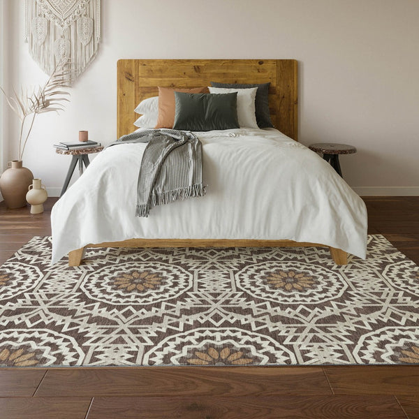 HomeRoots 5' Chocolate and Ivory Geometric Area Rug – Washable, UV-Protected, Perfect for Busy Homes! 652211
