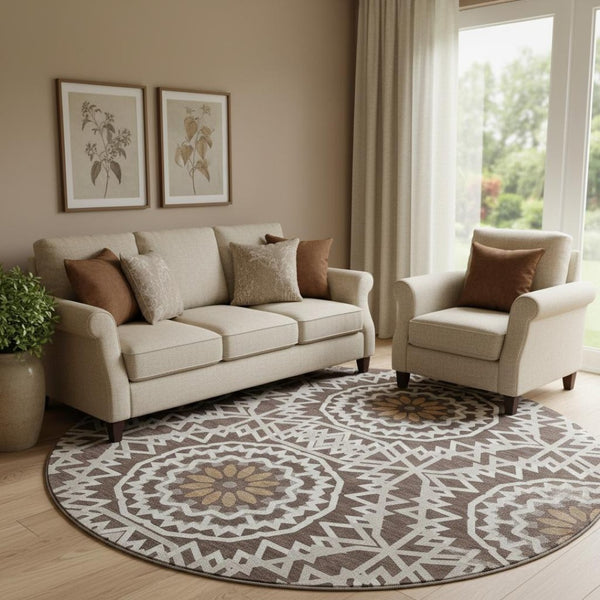 HomeRoots 8' Chocolate and Ivory Geometric Washable Round Rug - Durable, UV Protected, Easy-Care Design for Homes 652212