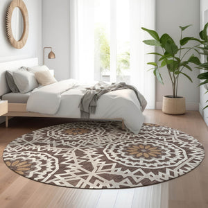 HomeRoots 8' Chocolate and Ivory Geometric Washable Round Rug - Durable, UV Protected, Easy-Care Design for Homes 652212