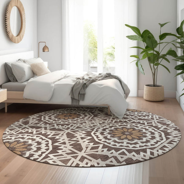 HomeRoots 8' Chocolate and Ivory Geometric Washable Round Rug - Durable, UV Protected, Easy-Care Design for Homes 652212
