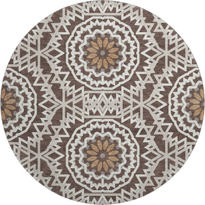 HomeRoots 8' Chocolate and Ivory Geometric Washable Round Rug - Durable, UV Protected, Easy-Care Design for Homes 652212