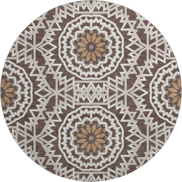 HomeRoots 8' Chocolate and Ivory Geometric Washable Round Rug - Durable, UV Protected, Easy-Care Design for Homes 652212