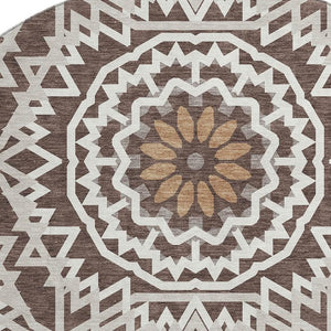 HomeRoots 8' Chocolate and Ivory Geometric Washable Round Rug - Durable, UV Protected, Easy-Care Design for Homes 652212