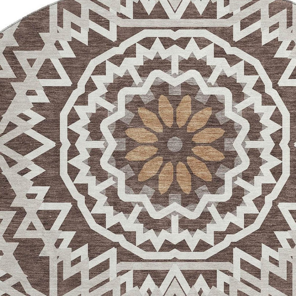 HomeRoots 8' Chocolate and Ivory Geometric Washable Round Rug - Durable, UV Protected, Easy-Care Design for Homes 652212