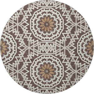 HomeRoots 8' Chocolate and Ivory Geometric Washable Round Rug - Durable, UV Protected, Easy-Care Design for Homes 652212