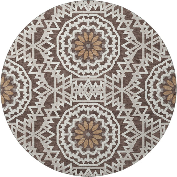 HomeRoots 8' Chocolate and Ivory Geometric Washable Round Rug - Durable, UV Protected, Easy-Care Design for Homes 652212