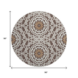 HomeRoots 8' Chocolate and Ivory Geometric Washable Round Rug - Durable, UV Protected, Easy-Care Design for Homes 652212