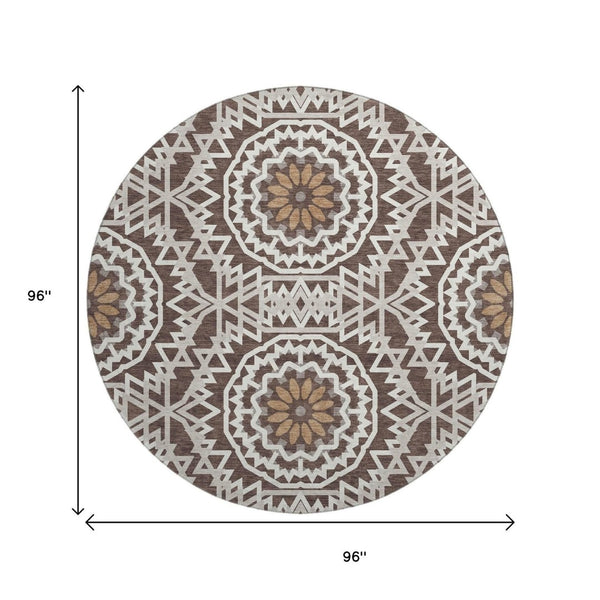 HomeRoots 8' Chocolate and Ivory Geometric Washable Round Rug - Durable, UV Protected, Easy-Care Design for Homes 652212
