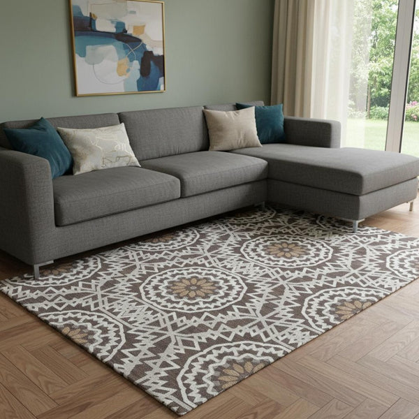 HomeRoots 8' X 10' Stylish Chocolate & Ivory Geometric Area Rug - Durable, Washable, UV Protected for Every Home 652213